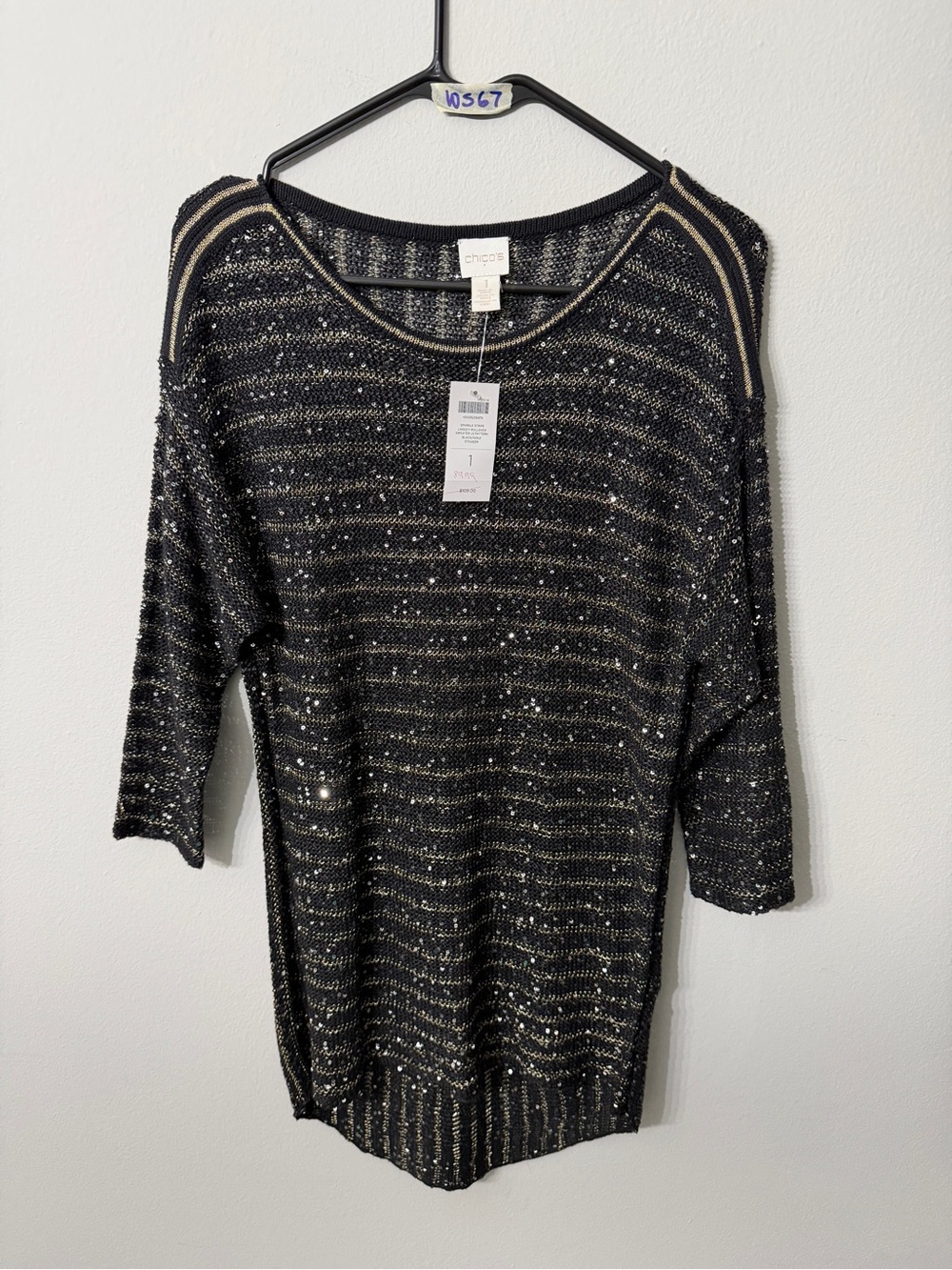 Women’s Chico’s Black Sequin Sparkle Stripe Sweater Size 1 Medium NWT